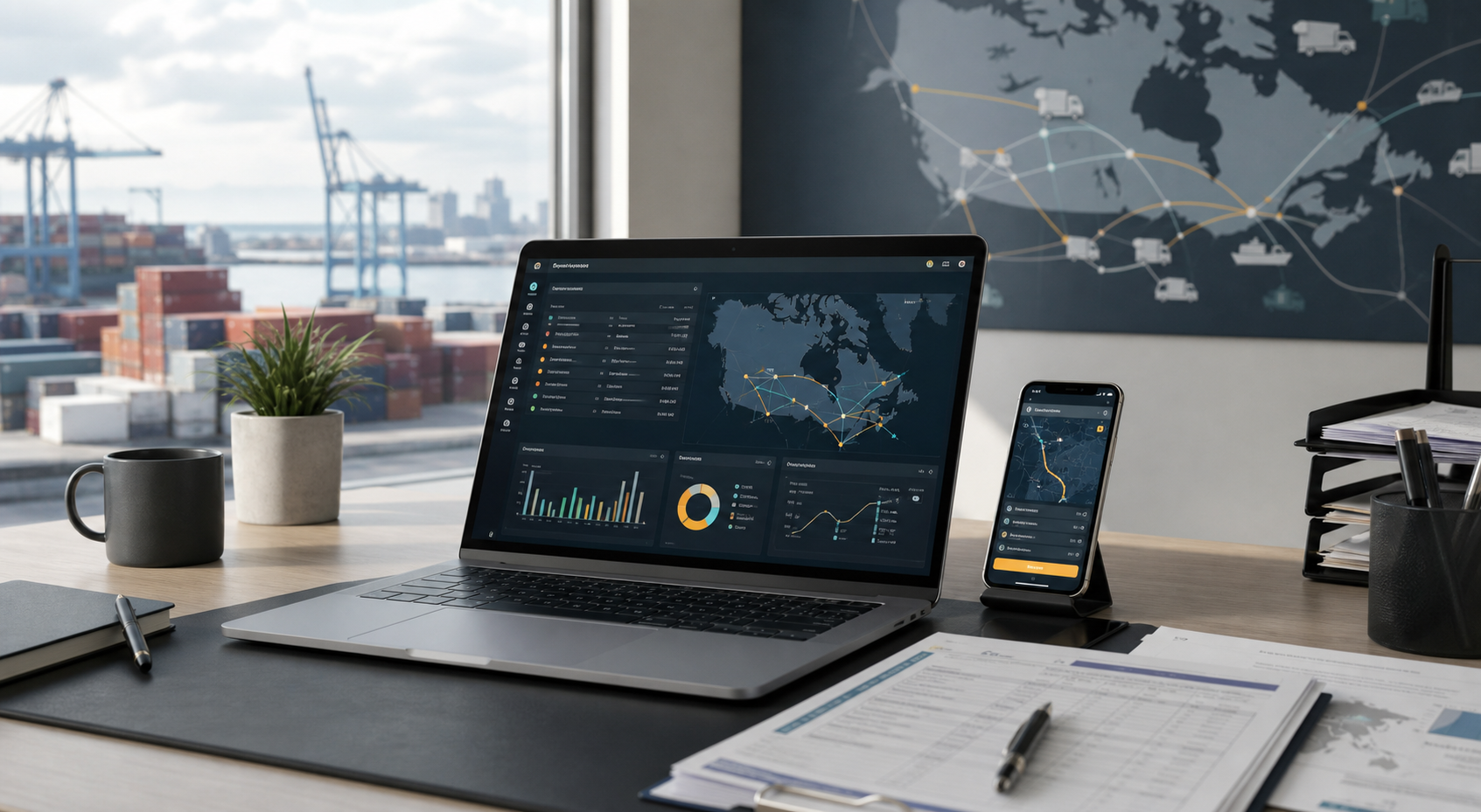 Software dashboard and logistics workflow on an operations desk